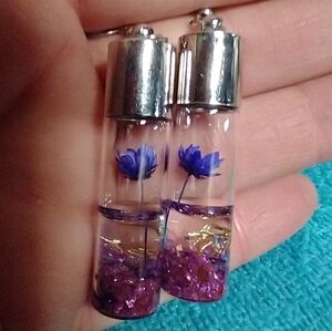 Colorful flower floral wire purple glitter glass earrings silvertone